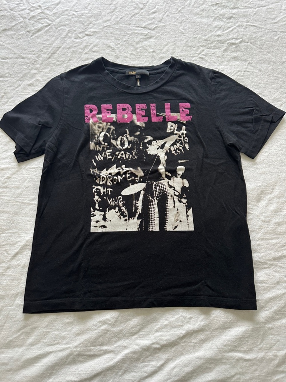 Maje 'REBELLE’ Short Sleeve Tee with Pink Lettering